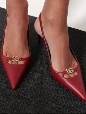 Dolce & Gabbana Red Burgundy Leather Pointed Slingback Pumps with Gold DG Accent